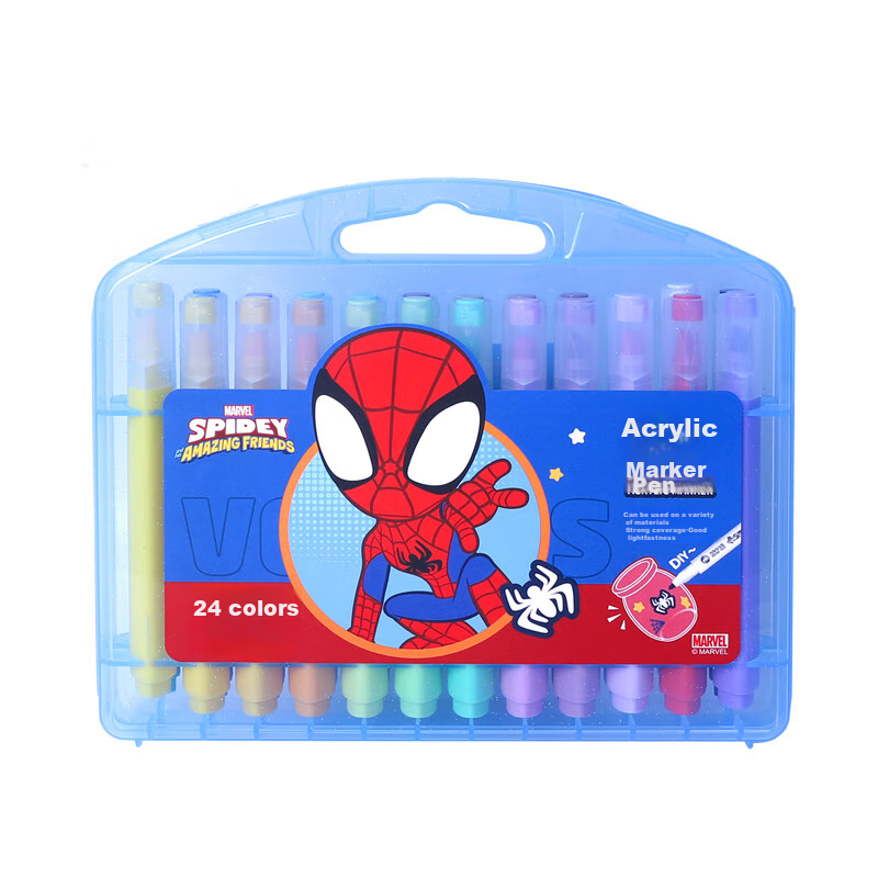 Disney Acrylic Markers, 24 Colors, Children's Doodle Drawing Pens, Quick-Drying, Elementary School Cartoon Waterproof Paint Pens, Spider-Man Watercolor Pens