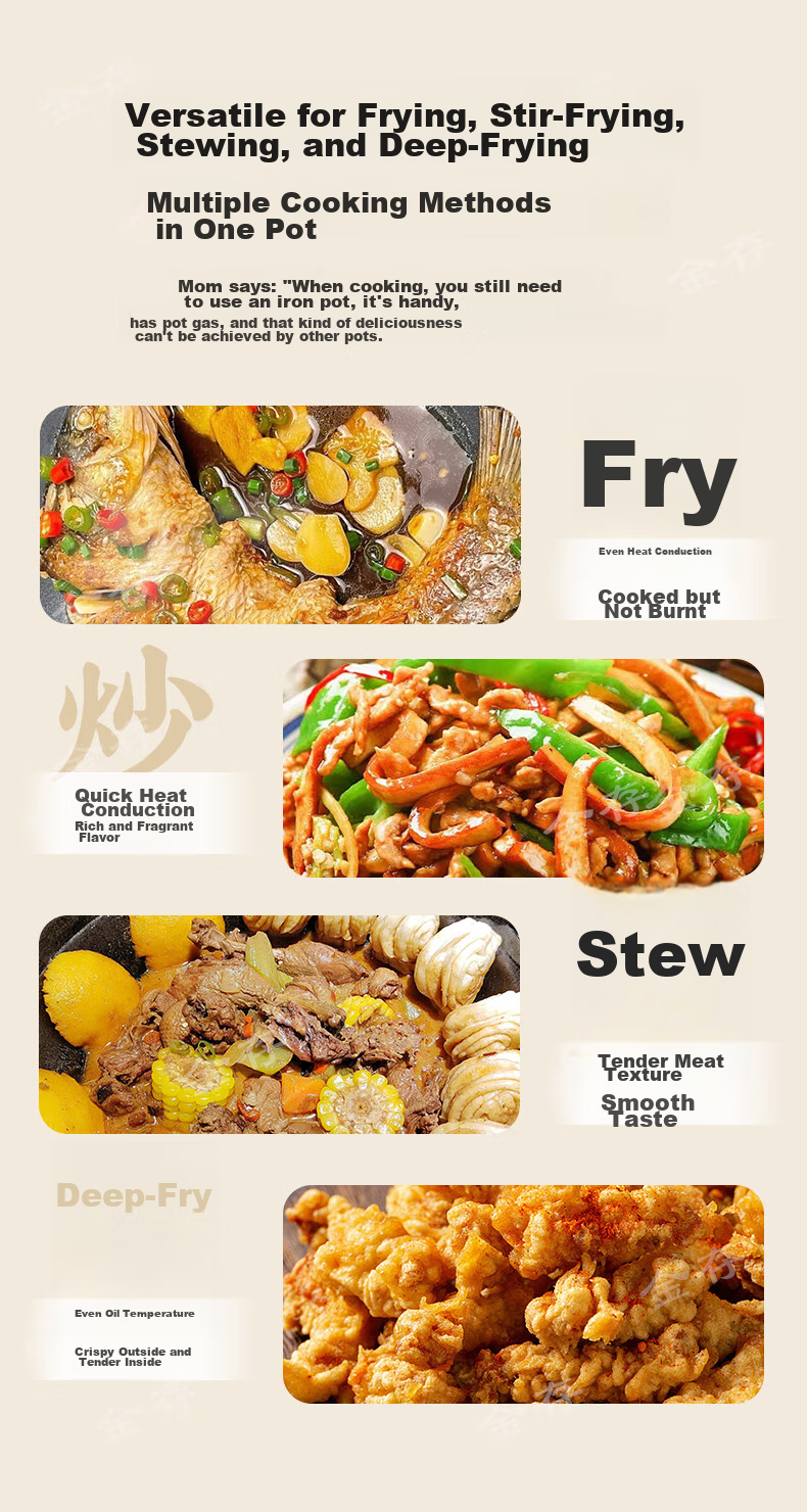 Jincun Cast Iron Wok, Uncoated Stir-Fry Pan, Stew Pot, Non-Stick, Home Use, Round Bottom, Double Handles, Authentic Raw Iron, 38cm 7