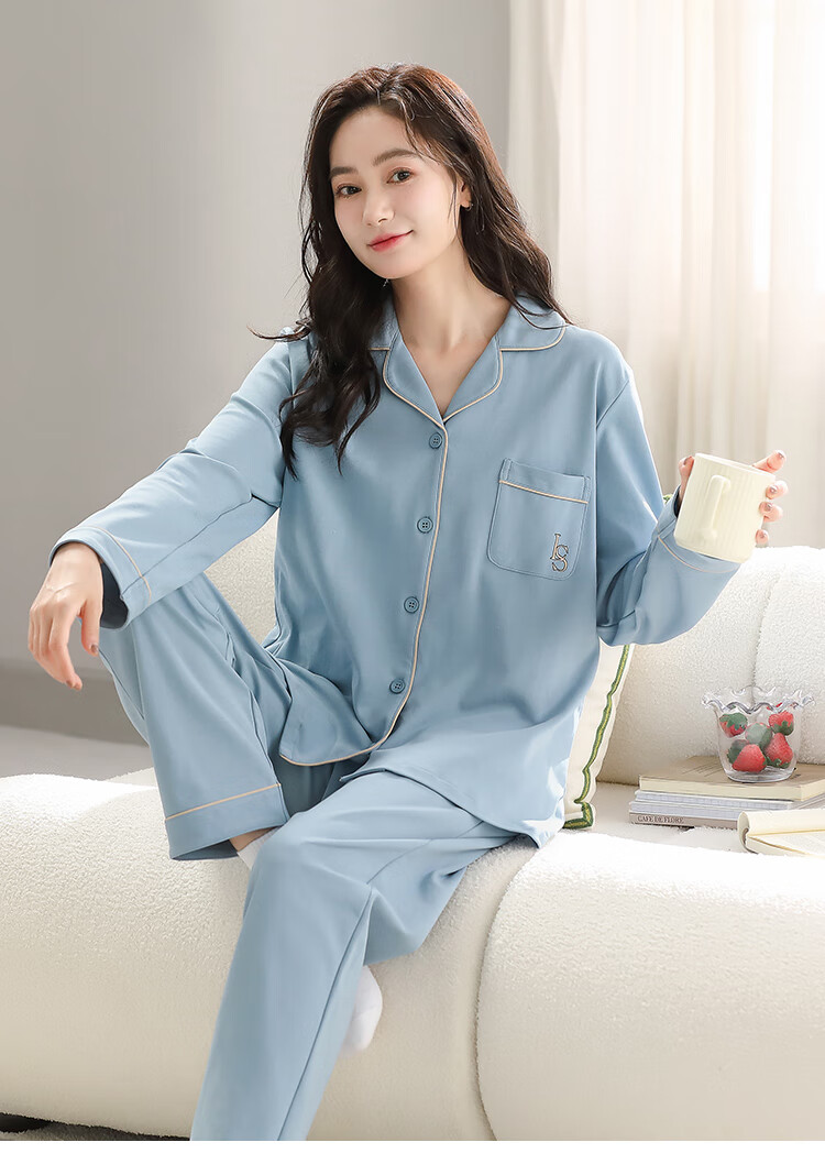 Langsha Women's Sleepwear (Antibacterial + Pure Cotton) Spring and Autumn Long Sleeve Long Pants Two-Piece Homewear Plus Size Winter Set 10