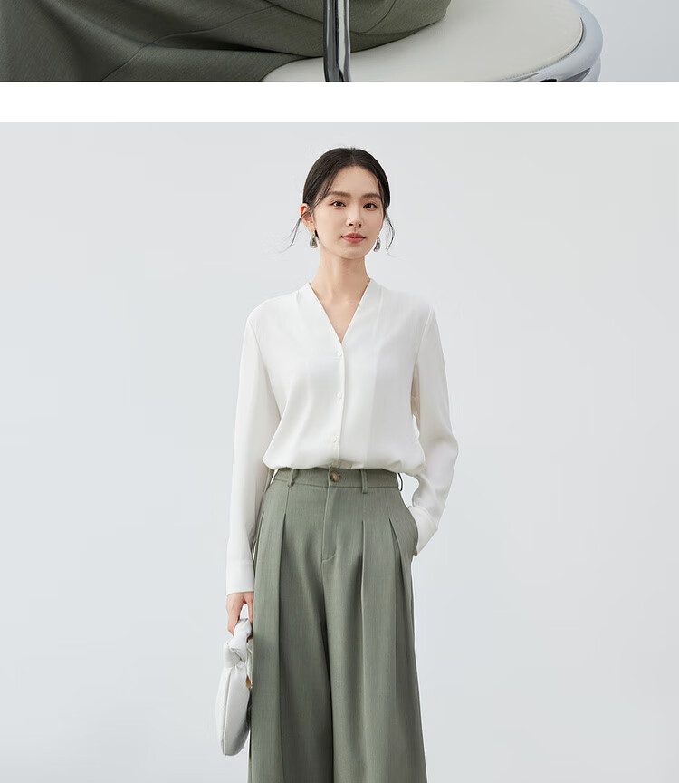 Sentubila Chiffon Blouse for Women, Spring And Autumn Elegant Office V-Neck Shirt, Slimming Loose Long-Sleeve Top, Off-White, M 12