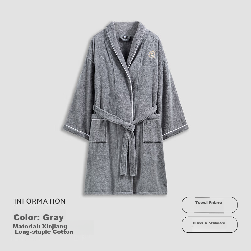 Sanli Five-Star Hotel Bathrobe, Pure Cotton, Absorbent And Quick-Drying, Adult Thin Home Bathrobe for Men And Women, Autumn And Winter Long Style Bath Towel, Gray, Size M