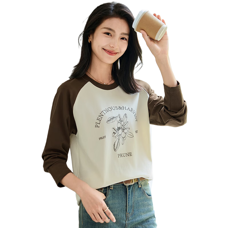 Chushen Spring And Autumn Long-Sleeve T-Shirt for Women, Wilderness Maillard Round Neck Contrasting Color Splicing Simple Loose Base Shirt S143T2022