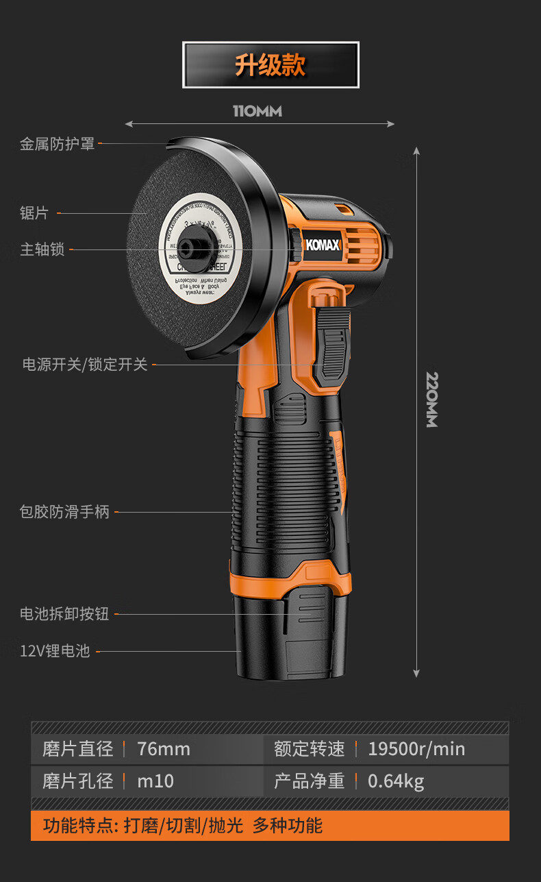 KOMAX Mini Angle Grinder Cordless Lithium Battery Polisher Multifunctional Small Rechargeable Hand Grinder Cutting Machine 20