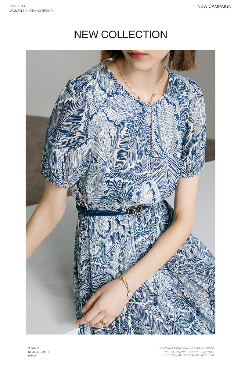 Yanyu Printed Short Sleeve Dress Women's 2026 Summer Retro Commuter Mid-Length Round Neck Dress Blue Floral S 11