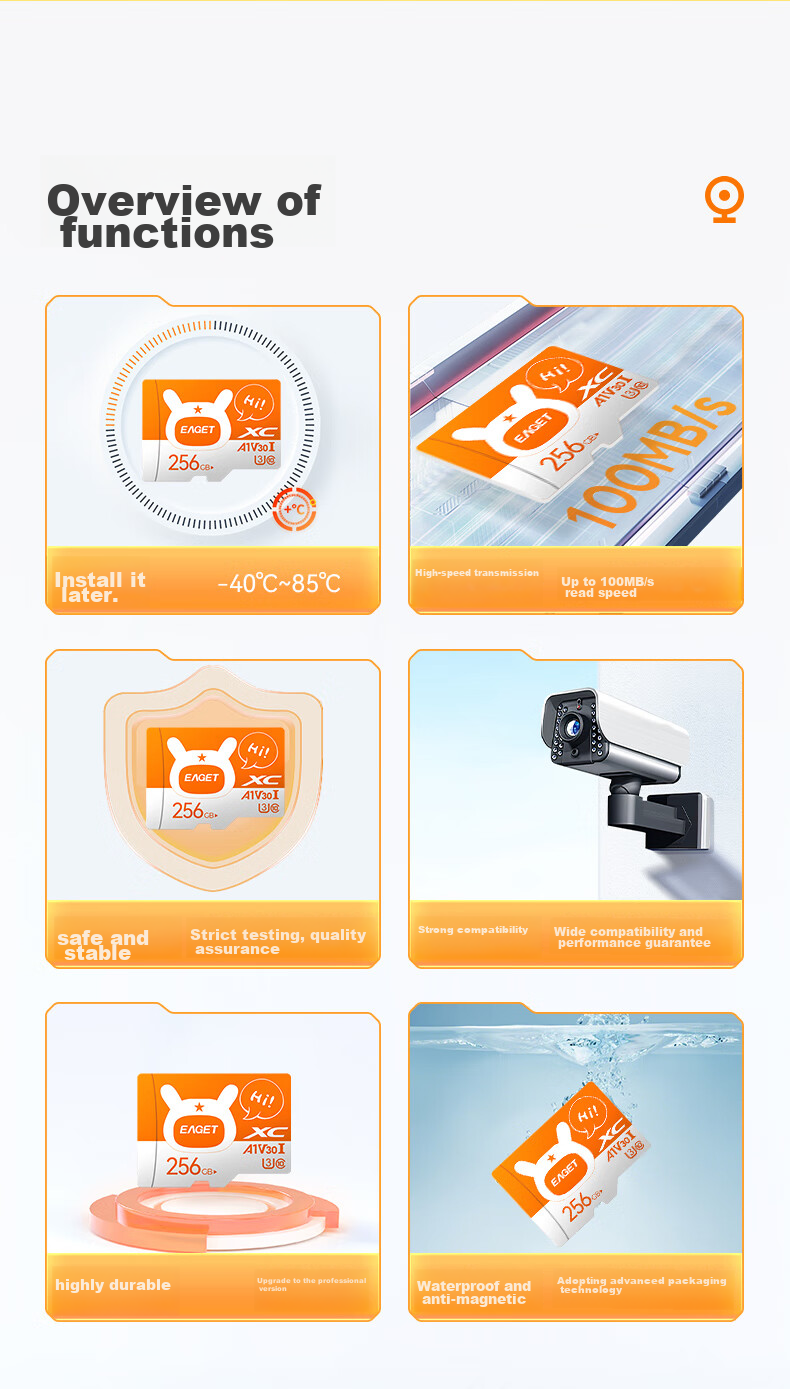 EAGET 256GB TF (MicroSD) Memory Card A1 U3 V30 C10 Dash Cam & Compatible with Xiaomi Surveillance Camera Memory Card, Upgraded Durable 3