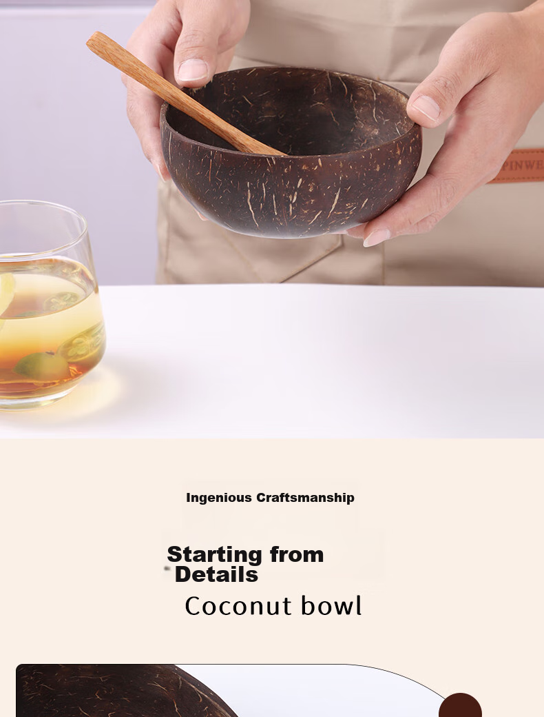 BJ Yogurt Bowl with Spoon, Wooden Dessert Fruit Salad Bowl for Home Breakfast Oatmeal, Natural Coconut Shell Bowl 15