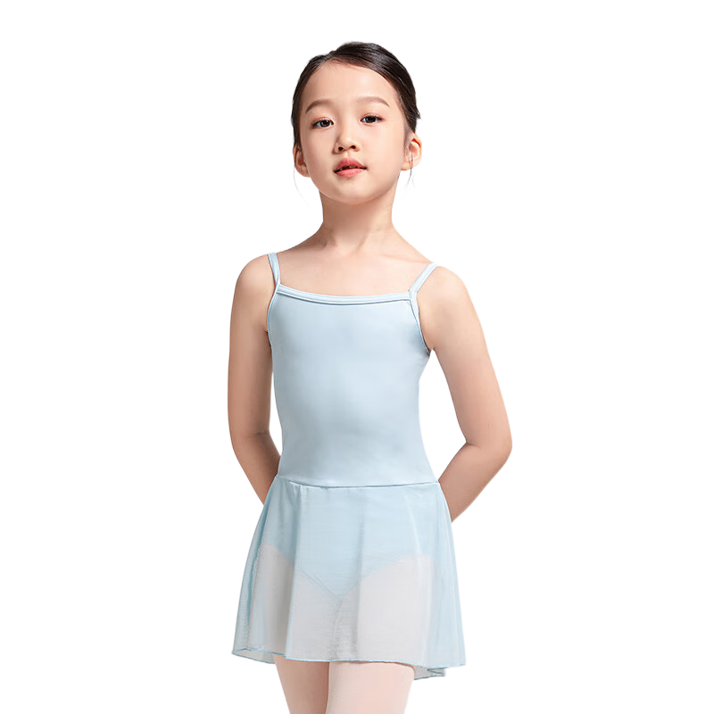 Sansha Children's Spaghetti Strap Dance Leotard, One-Piece Ballet Practice Dress with Skirt, Training Outfit, Blue, Size S