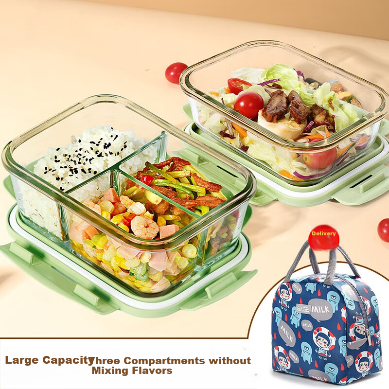Chuangde Heat-Resistant Glass Food Storage Container, Microwave-Safe Lunch Box for Office Workers, Three-Compartment 1020+700ml with Bag