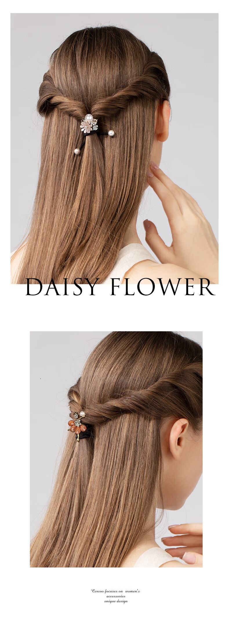 Cercoo Daisy Hair Tie, Rhinestone Pearl Hairband, Elegant Hair Loop, Rubber Band, Birthday Gift 5