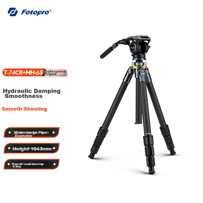 Fotopro T-74C+MH6S Professional Landscape Bird Photography Digital Camera, Mirrorless Camera Photography And Videography Hydraulic Video Gimbal, Carbon Fiber Camera Tripod