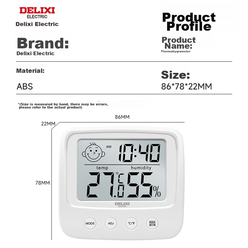 DELIXI ELECTRIC Home Indoor Thermometer with Smiley Face, Baby Room Alarm Clock Timer Electronic Digital Display Thermometer Hygrometer Temperature Gauge