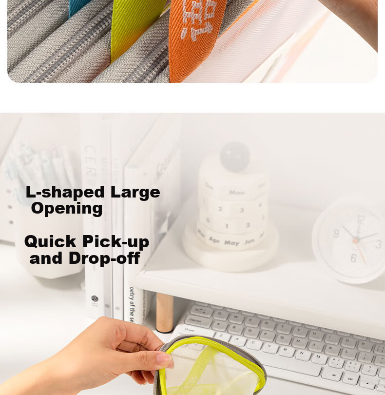 Deli School Stationery L-Shaped Student Mesh Zipper Bag, Subject Classification Pouch, File Folder, Thickened Subject Bag for Students, Large Capacity with Wide Opening, Green English PP123 6