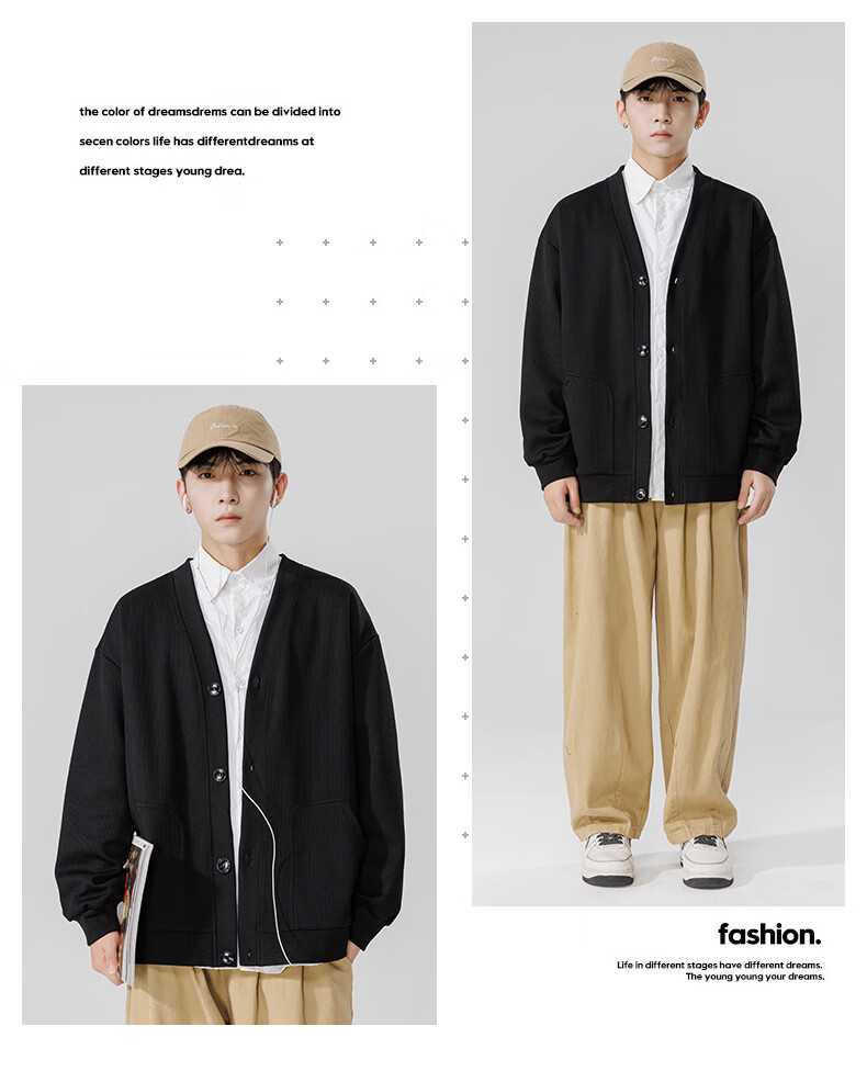 MMOPTOP Japanese-Style Solid Color Knit Sweater, Long-Sleeved Men's Spring And Autumn Vintage Loose V-Neck Cardigan MT2350 Black M 7