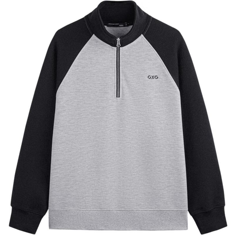 GXG Men's Wear, Fall 2024, Waffle Texture Casual Patchwork Stand-Collar Sweatshirt for Men, Flax Gray, 190/XXXL