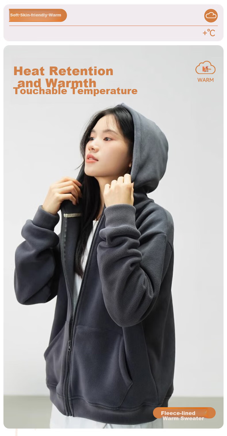 FitonTon Women's Hoodie, Winter Double-Sided Brushed Fleece Jacket, Thickened Warm Hooded Top, Loose-Fitting Zip-Up Women's Clothing 1