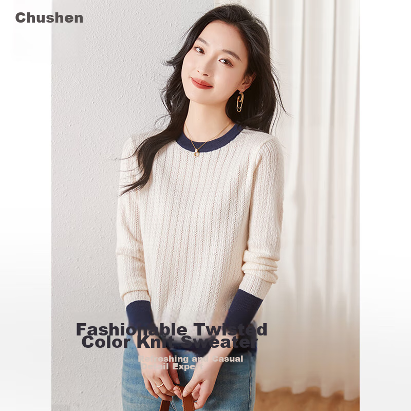 Chushen Spring And Autumn Knitted Sweater for Women, Fashionable Color-Block Round Neck Pullover Versatile Sweater Top S13KZ3554 White