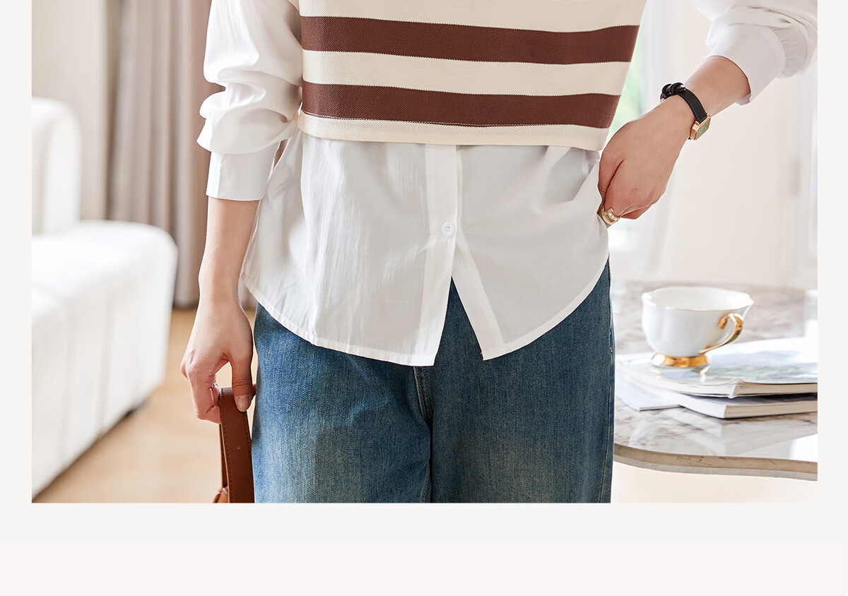 Chushen Thin Long-Sleeve Blouse for Women, Stylish Faux Two-Piece Striped Casual Shirt Top S13QC2942 2