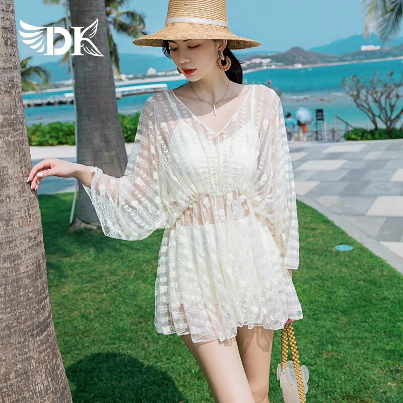 DK Women's Swimsuit, Tummy Control Slimming, Korean Ins Style, Hot Spring Swimwear, Sexy Two-Piece Set, Fairy-Like, Off-White, XL