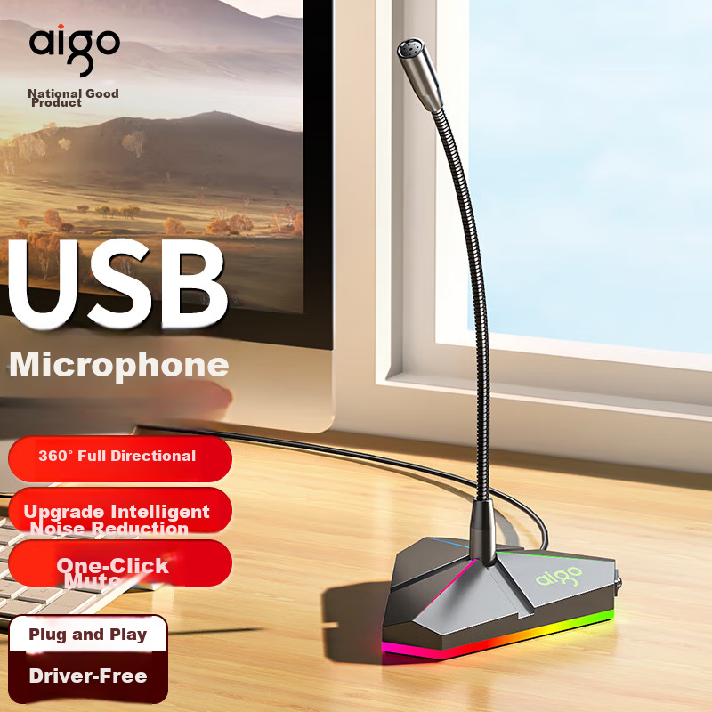 Aigo K6 Computer Microphone for Desktop And Laptop, Video Conference Speakerphone, Gaming Peripheral, Voice Chat, Live Streaming Recording, Wired Condenser Microphone for Desktop, USB, Iron Gray Color