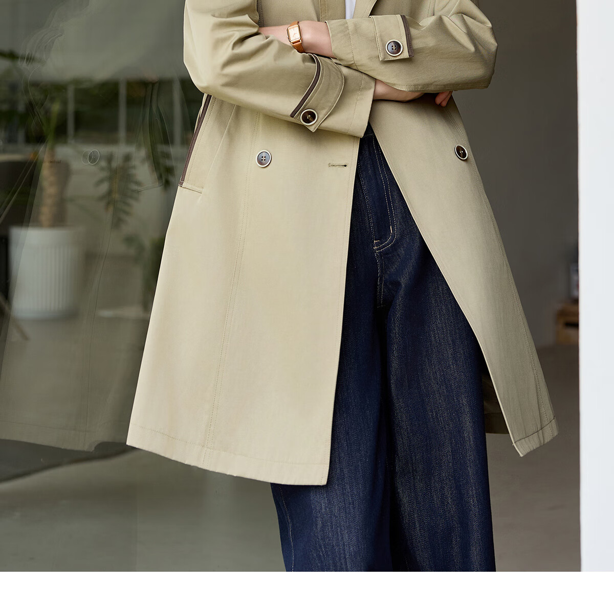 Chushen Spring And Autumn Double-Breasted Windbreaker for Women, Mid-Length, Elegant Classic H-Type Waist-Cinching Slimming Coat S51D003 11