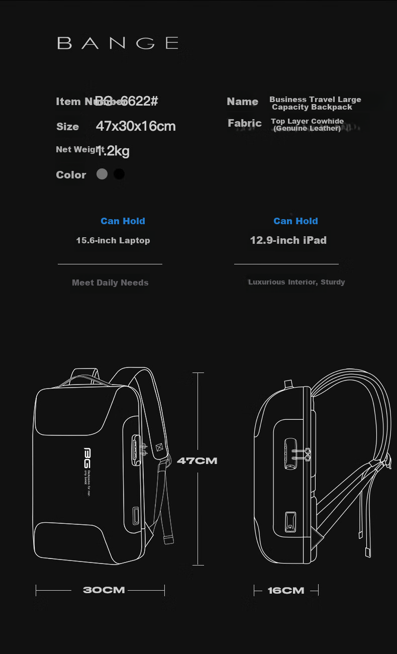 Bange Genuine Leather Backpack for Men, Simple Business Style, 15.6-Inch Laptop Bag, Travel Bag, 520 Gift, 6622 Black 2