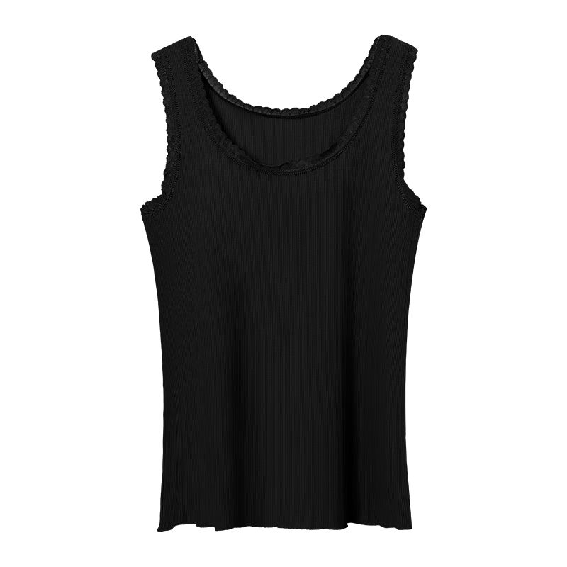 Hodo Women's Summer Vest, Soft Cotton Lace Camisole, Jacquard Vertical Stripes, Breathable Slimming Inner Wear, Classic Black, Size 170