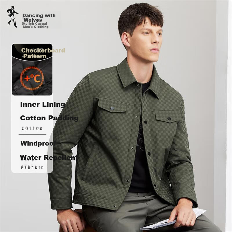 DANCING WOLVES [Lining Padded] Checkered Workwear Lapel Jacket, Warm Windproof Men's Coat, Army Green, Size 165
