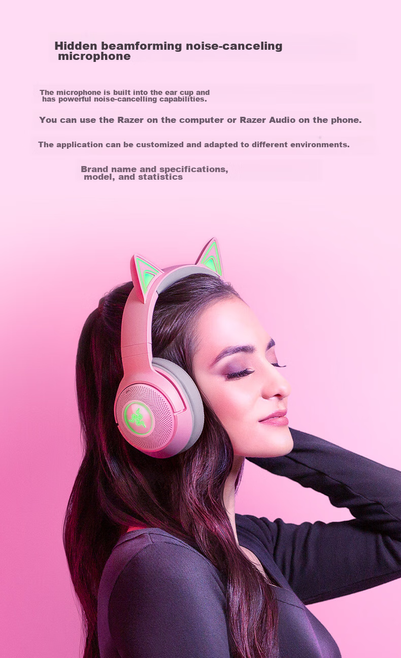 Razer North Sea Giant Cute Cat Edition V2 Bluetooth Version Wireless Over-Ear Gaming Headset Internet-Famous Cat Ears RGB Lighting PUBG Essential Pink Compatible with Delta Actio 6