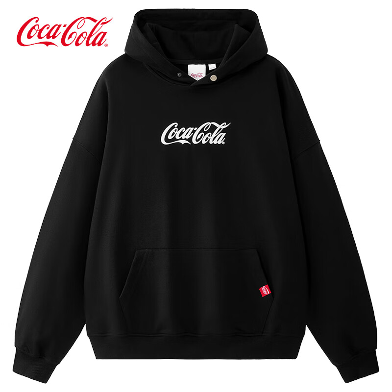 Coca-Cola Hooded Sweatshirt for Men, Autumn And Winter Style, Solid Color American Casual Couple's Top Jacket, Black, L (130-150 Jin)