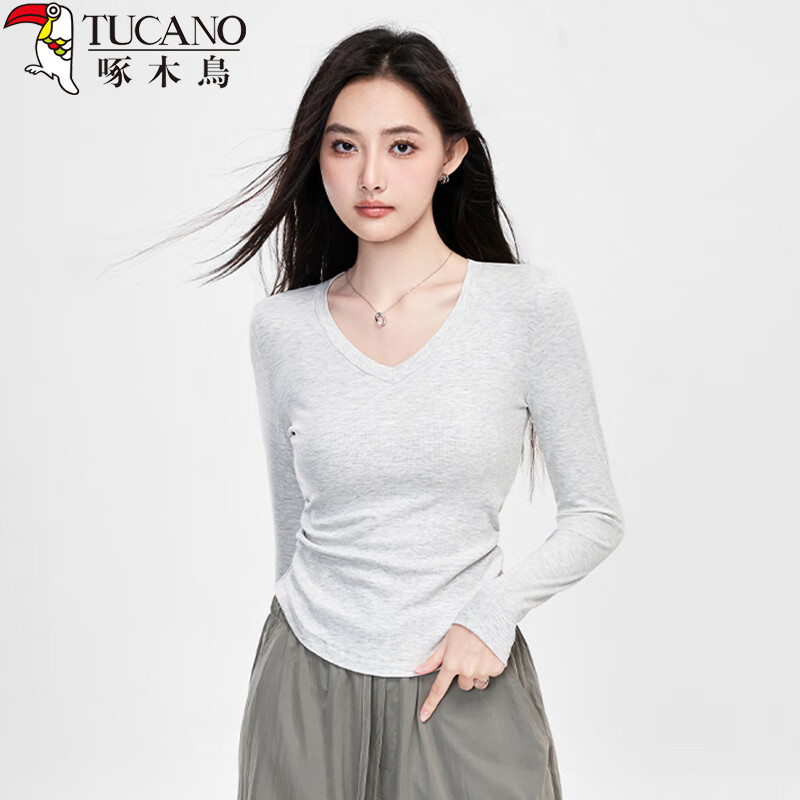 Woodpecker Women's Long Sleeve V-Neck Slim Fit Base Layer T-Shirt Spring Autumn Light Gray 2XL