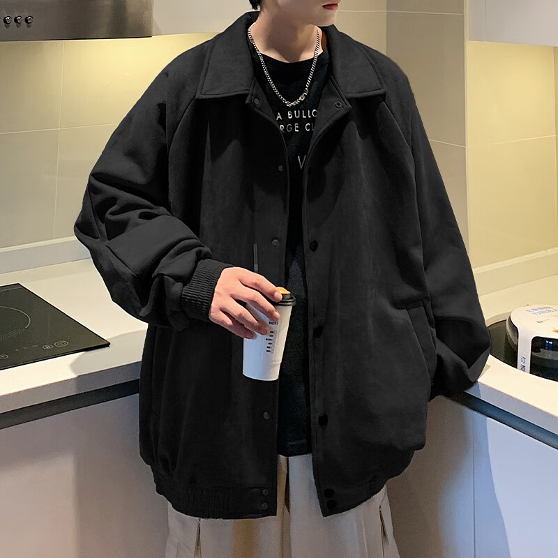 Dingfengbaoluo Men's Jacket, Summer Casual Loose Trendy Suede Coat, American Baseball Style YM9921, Black, 3XL