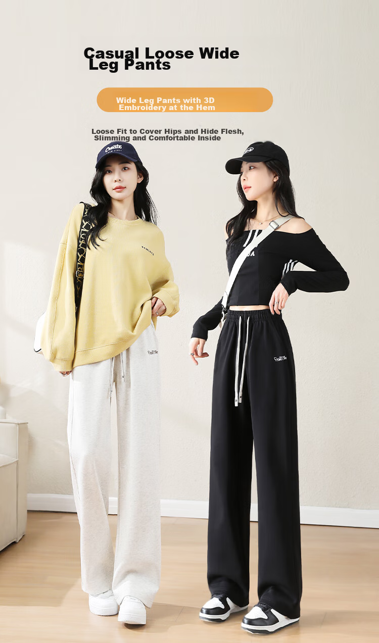 FitonTon Women's Casual Pants, Spring And Summer Straight-Leg Sports Chenille Wide-Leg Trousers, Flowing Floor-Length Pants, High-Waisted Slimming Sweatpants 1