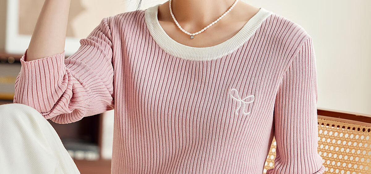 PinCai Women's Knit Sweater, Early Autumn Round Neck Bow Embroidery Knit Top, Slim-Fit Base Layer Sweater P143Z3009 31