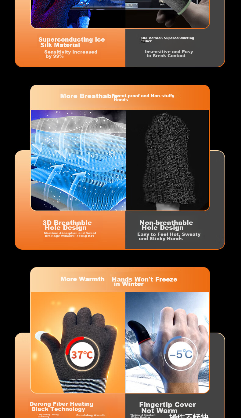 KOVOL Gaming Gloves, Anti-Slip Silver Fiber, for Mobile Games And Esports, Suitable for PUBG, Honor of Kings, Delta Force, Sweat-Proof, Heat-Insulating, Touchscreen Compatible, Professional Gaming Gloves for Various Games 3
