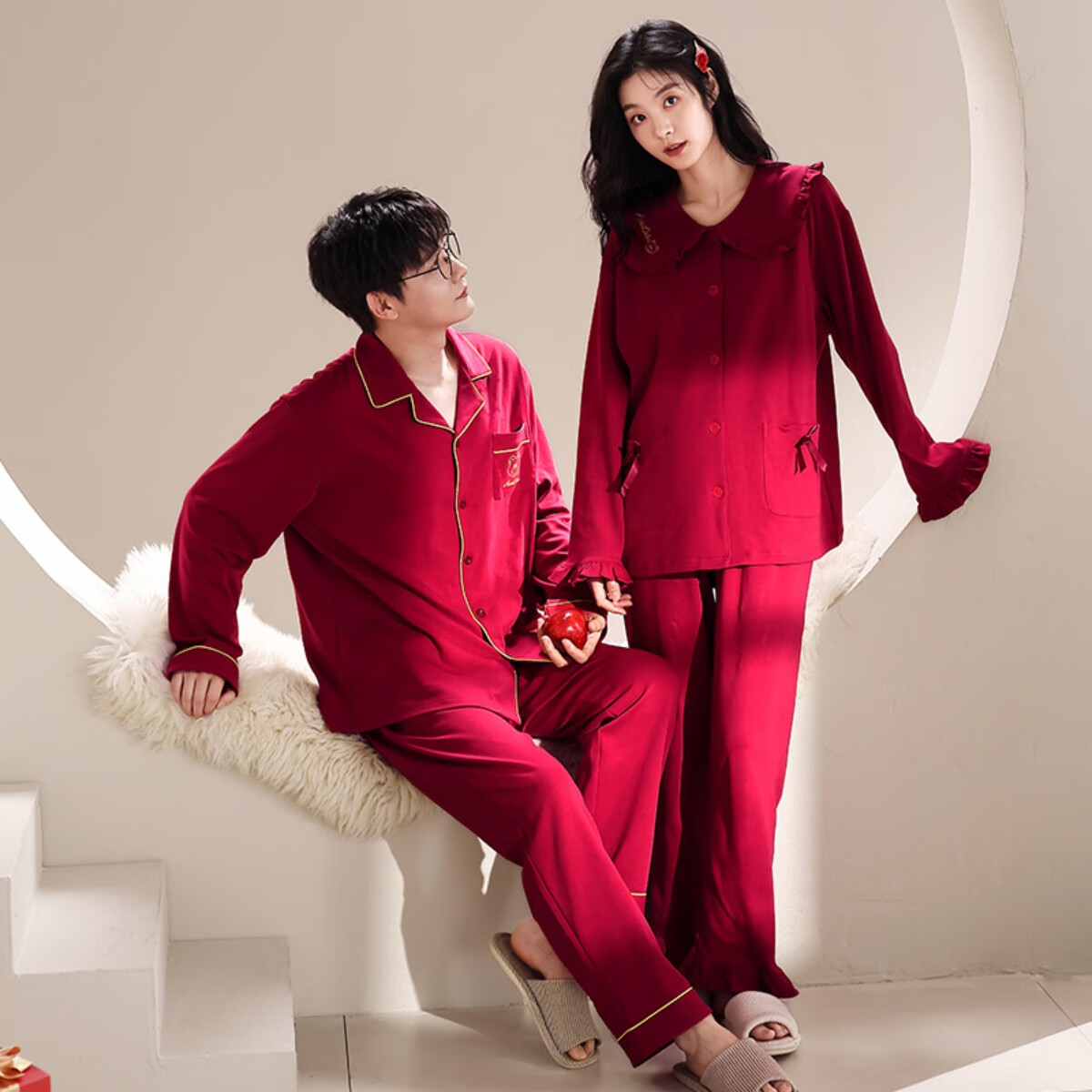 Yiduo Wedding Couple's Pajamas, Women's Autumn And Winter Pure Cotton Long-Sleeve Red, Zodiac Year, Men's And Women's Festive Home Wear Set