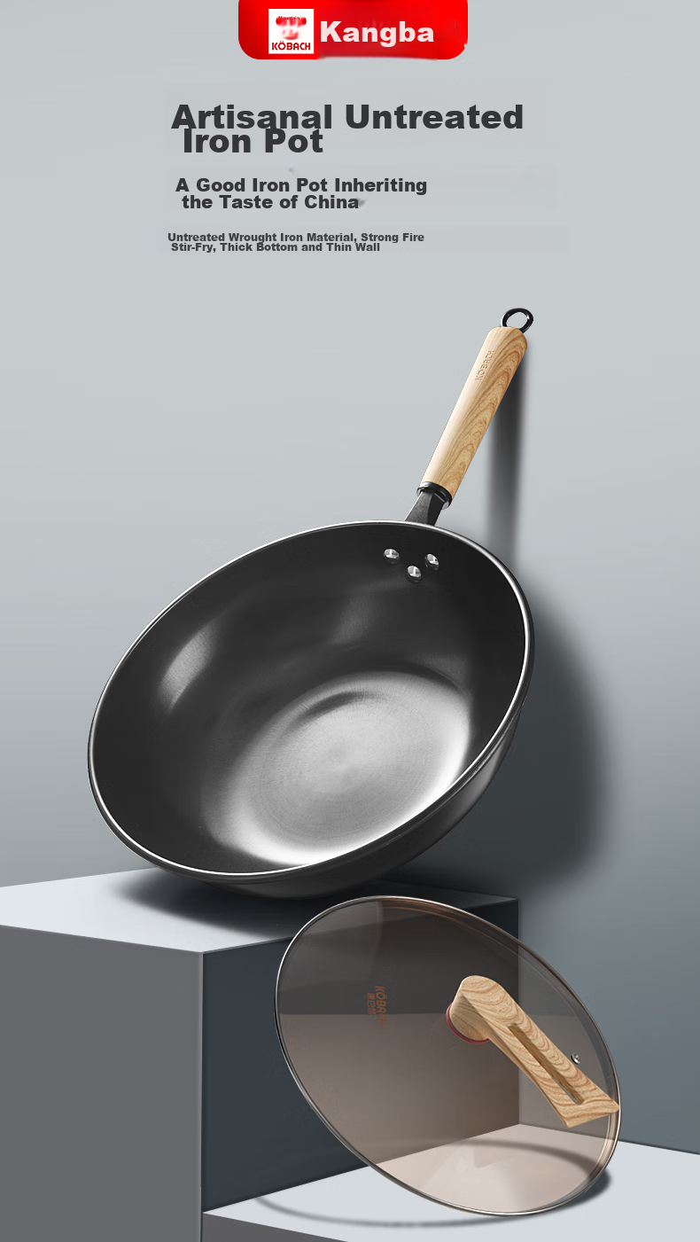 KOBACH Iron Wok, Uncoated Frying Pan, Pure Iron Cooking Pan, Compatible with Induction And Gas Stoves, Cookware, 32cm 1