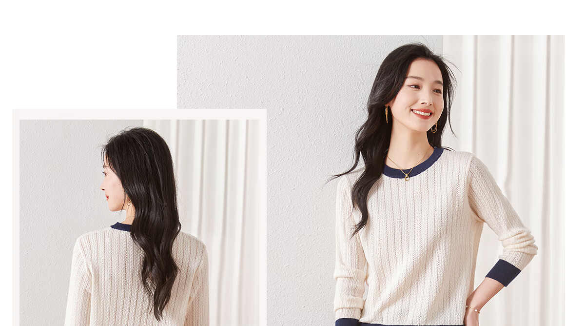 Chushen Spring And Autumn Knitted Sweater for Women, Fashionable Color-Block Round Neck Pullover Versatile Sweater Top S13KZ3554 White 17