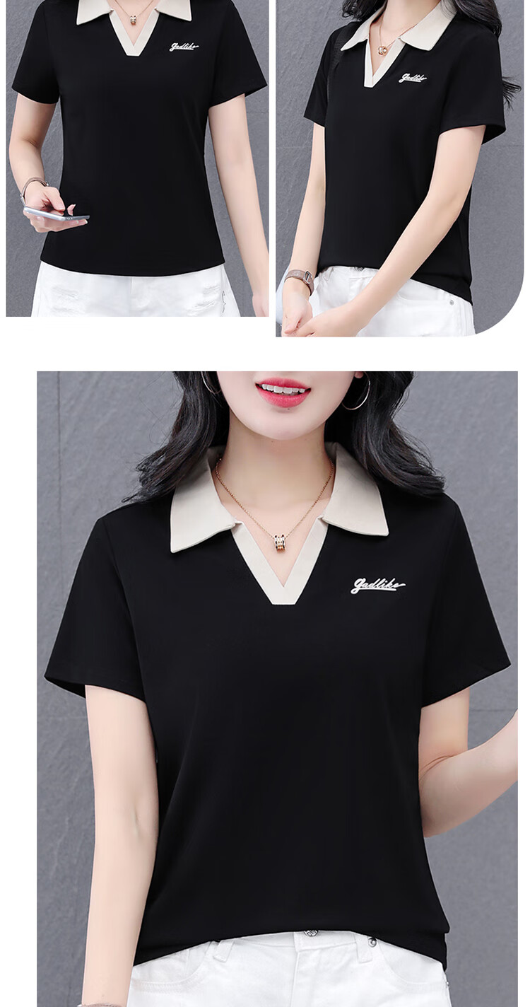 Woodpecker Women's Short Sleeve Polo Shirt Summer Ice Silk Slim Fit Breathable Sports Top Black M 20