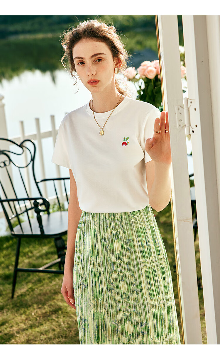 Olrain French Style Short Sleeve T-Shirt Summer Women's Loose Embroidered Lightweight Top Beige S 11