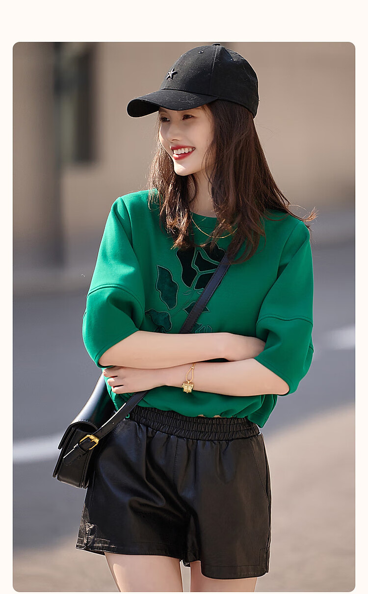 Dme Floral Embroidered Spring And Autumn Round Neck Air Layer Three-Quarter Sleeve Elastic Loose Sweatshirt Women's Top, Cyan Green, L 3