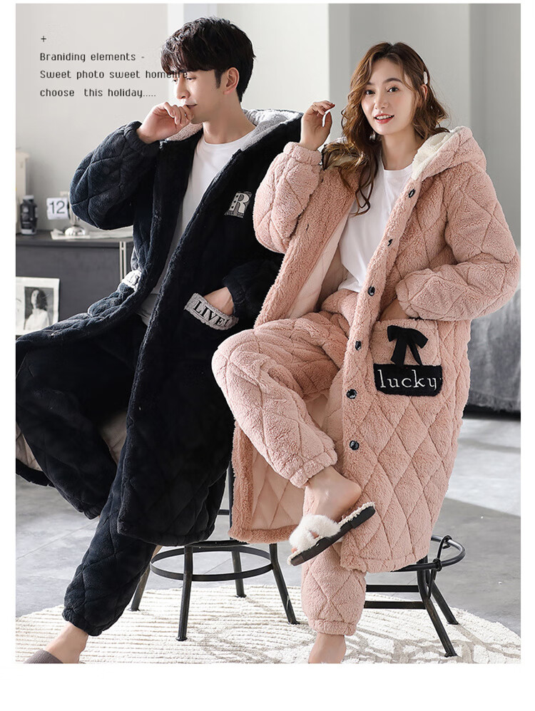 LangSha Couple's Winter Three-Layer Padded Sleepwear, Men's Thickened Coral Fleece Warm Loungewear, Plus Size Home Wear 11