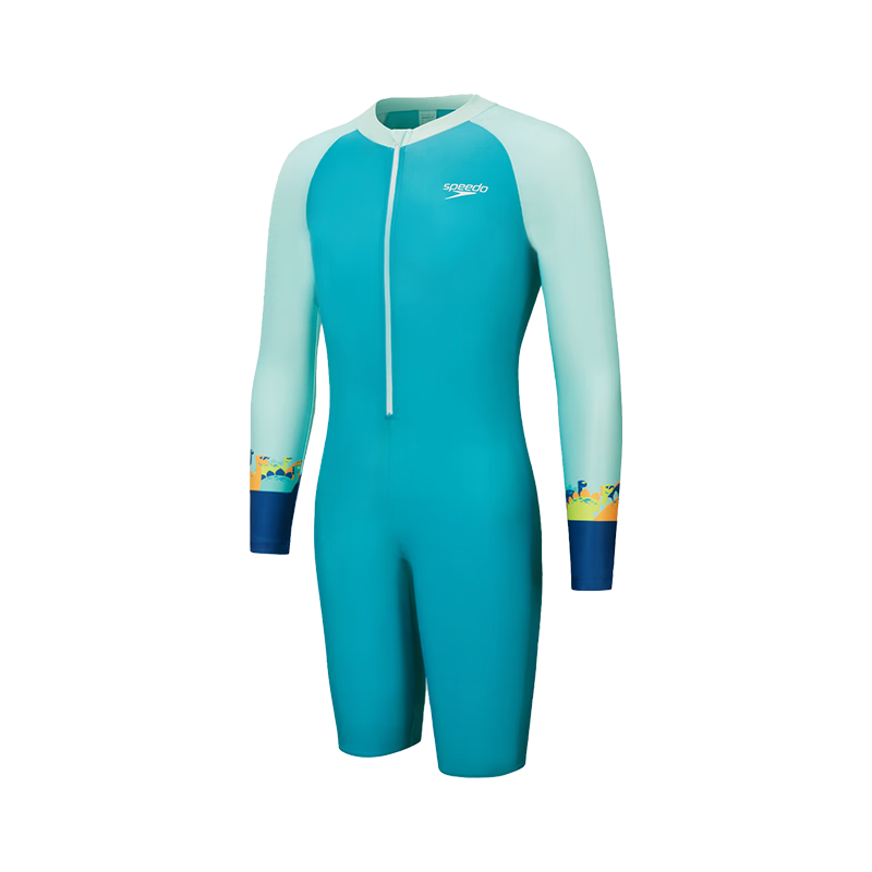 Speedo Kids Swimsuit Wave Series Outdoor Sun Protection Long Sleeve Knee-Length One-Piece Swimwear Unisex Green 5-6 Years