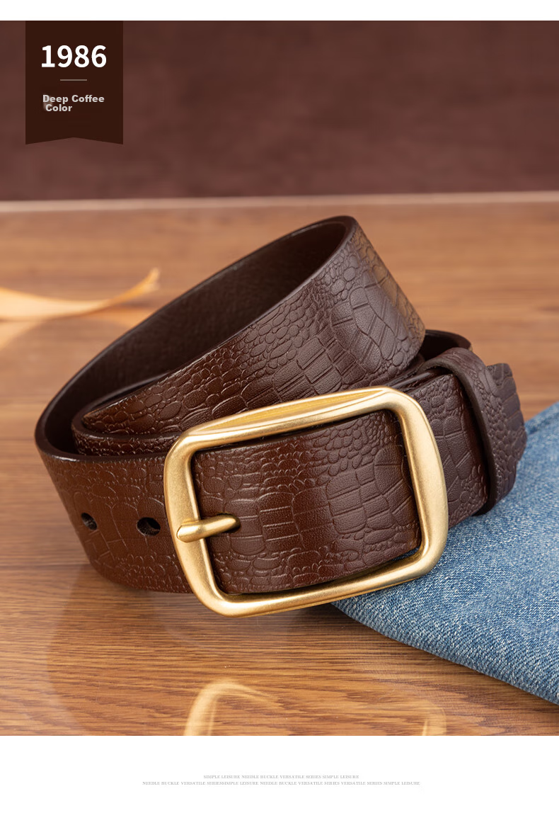 Cattlesboss Men's Belt, Alligator Pattern, Top-Grain Leather, Pin Buckle with Copper Clasp, 1986 Gift for Dad, Dark Brown, 110cm 15