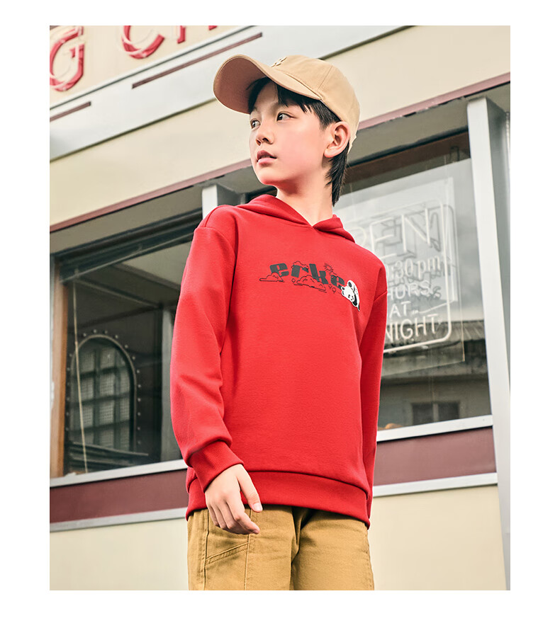 ERKE Kids Unisex Hooded Sweatshirt Children's Winter Warm Thick Hoodie Dongfanghong 130 22