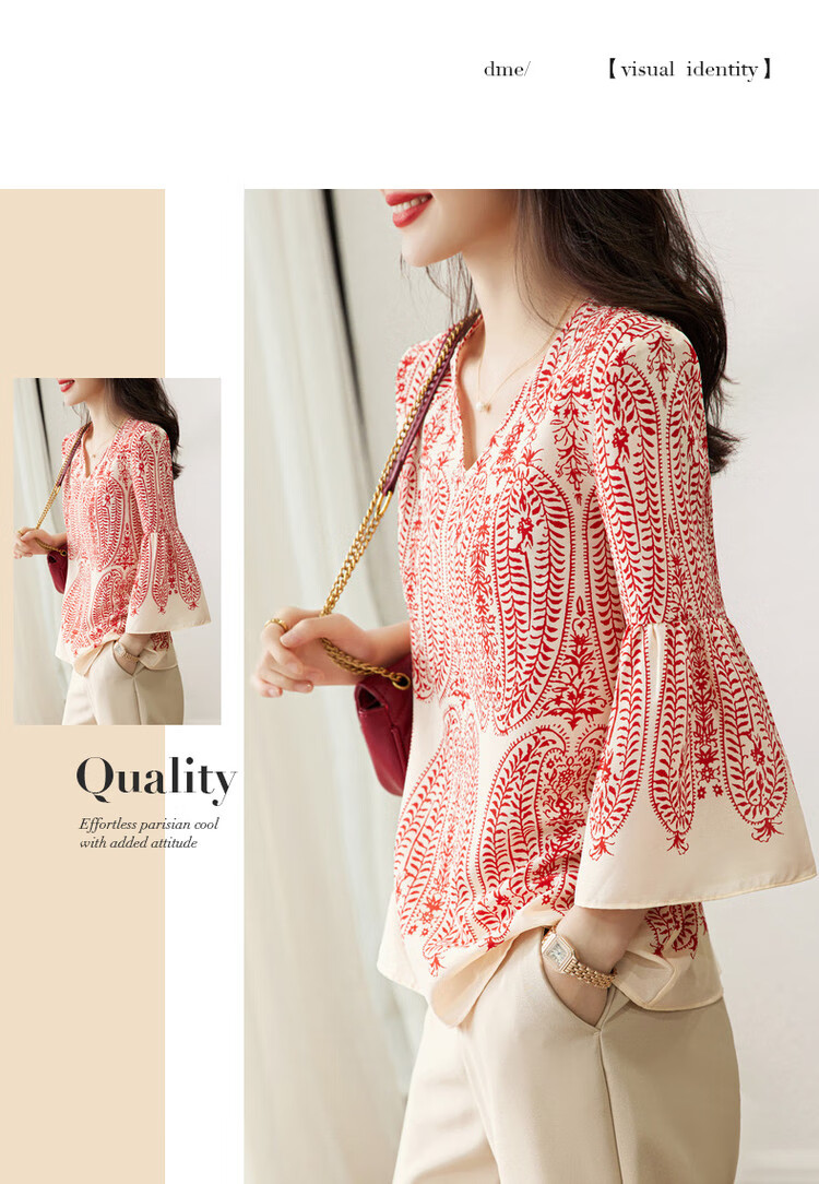 Dme [Chiffon Hibiscus Linen Shirt] Summer V-Neck Three-Quarter Sleeve Paisley Print Blouse Women's Top 10