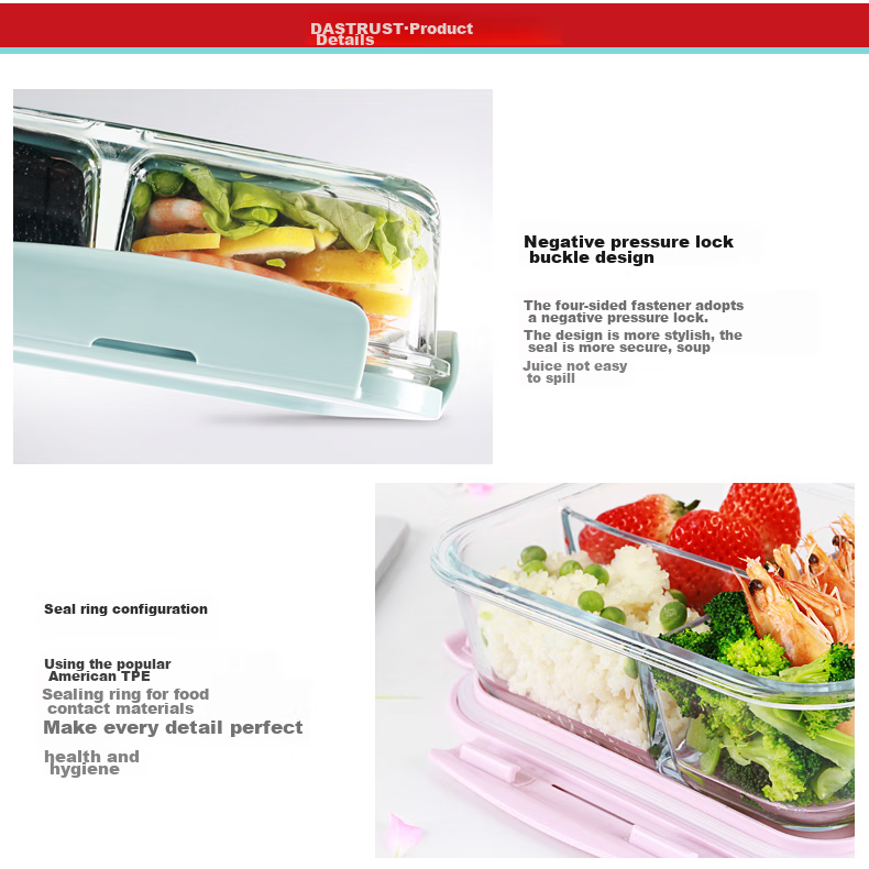 Chuangde Heat-Resistant Glass Food Storage Container, Microwave-Safe Lunch Box, Refrigerator Organizer Bento Bowl Meal Container, Heightened 3-Compartment 1020ml 16