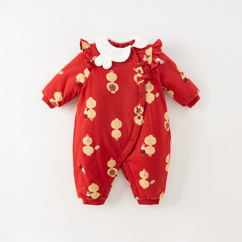 DAVE & BELLA Newborn Quilted New Year Romper Autumn Winter Baby Girl Red One-Piece Cotton Outfit Traditional Style