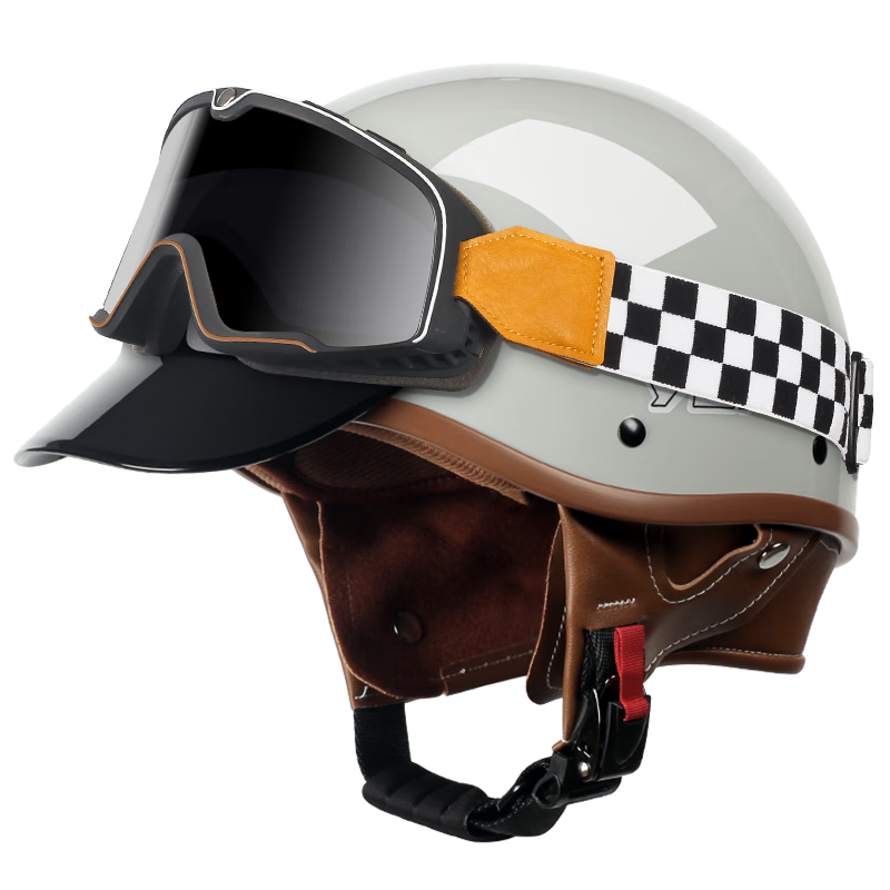 YEMA Helmet, 3C Certified, New National Standard Class A, Retro Stylish Half Helmet, All-Season Universal, for Men And Women, Motorcycle Helmet, Electric Motorcycle Safety Helmet, Cool Gray + Black Tea Wind Glasses, One Size Fits All