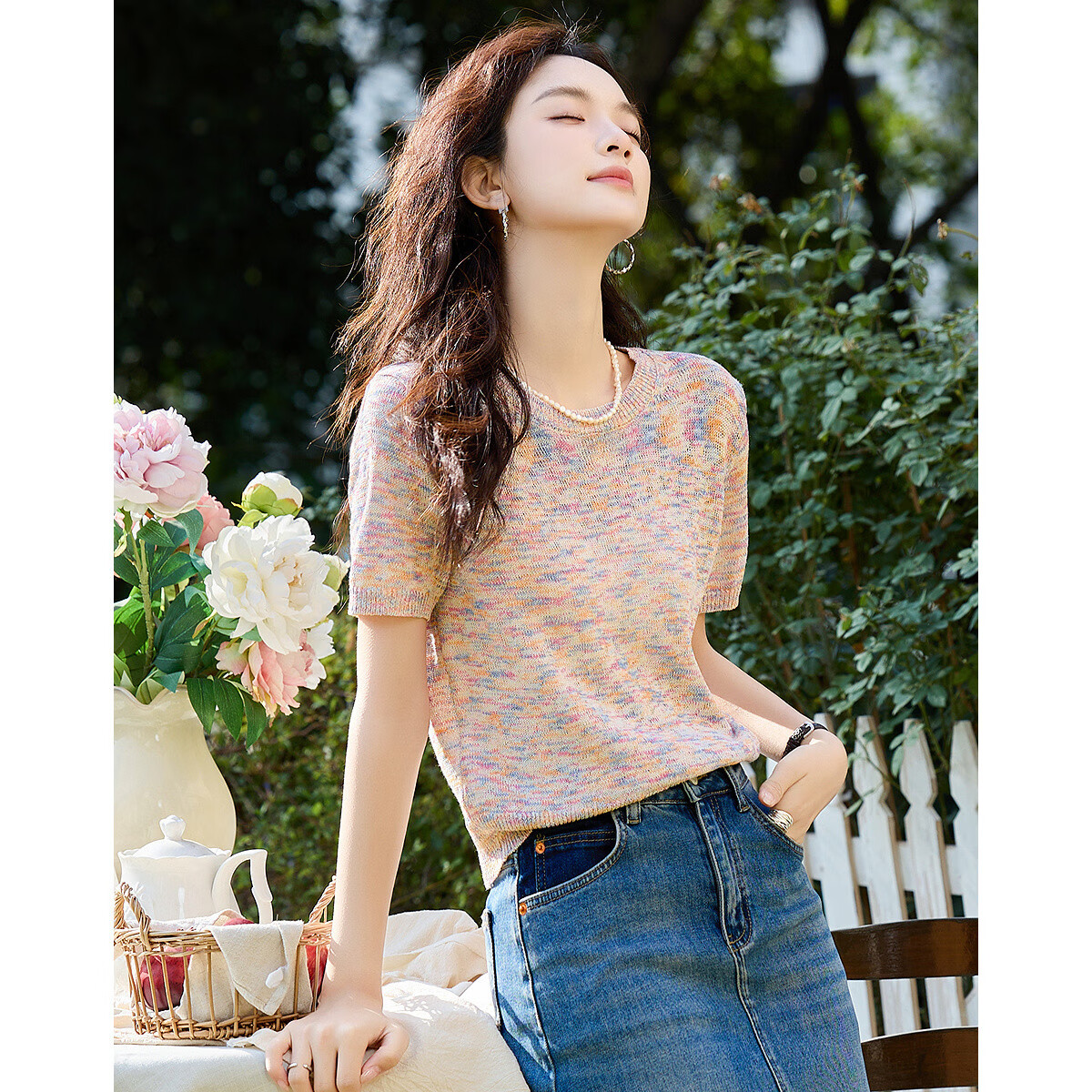 Dme [And Say Goodbye to Heat] Summer Linen-Cotton Blend Sweater, Elegant Floral Pattern, Petite Knit Top for Wome