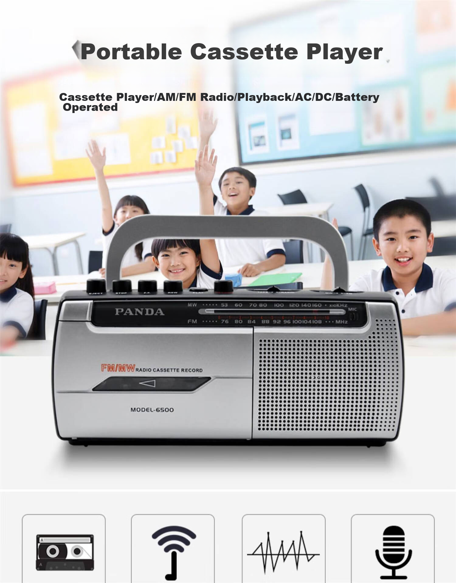 PANDA (PANDA) 6503 Portable Tape Recorder for Elderly with USB and SD Card Slots, Mini Player for Cassette Recording, English Learning for Elderly at Home, White 1